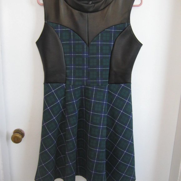 FIGA Tartan/Faux Leather dress, size 14, green/blue/black - Picture 1 of 11